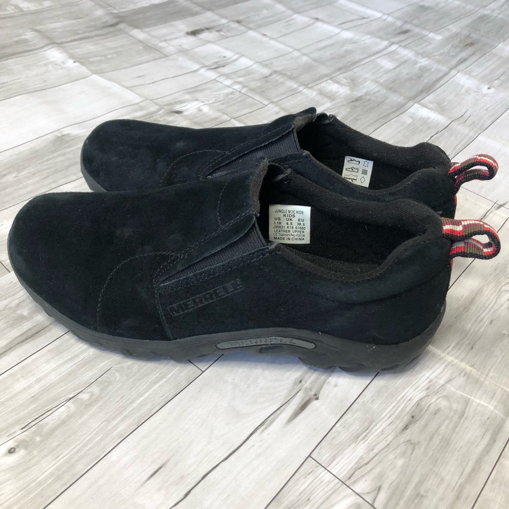 Merrell Shoes Boys 5.5 fit Womens 8 Jungle Moc Kids Black Suede Waterproof